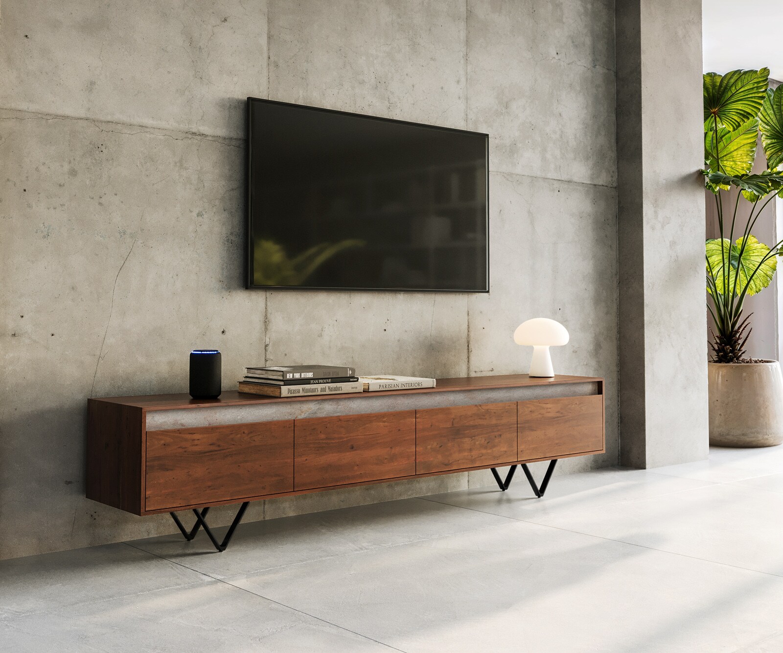 Tv-meubel Stonegrace 200 cm acacia bruin Leisteen 4 laden V-poot zwart