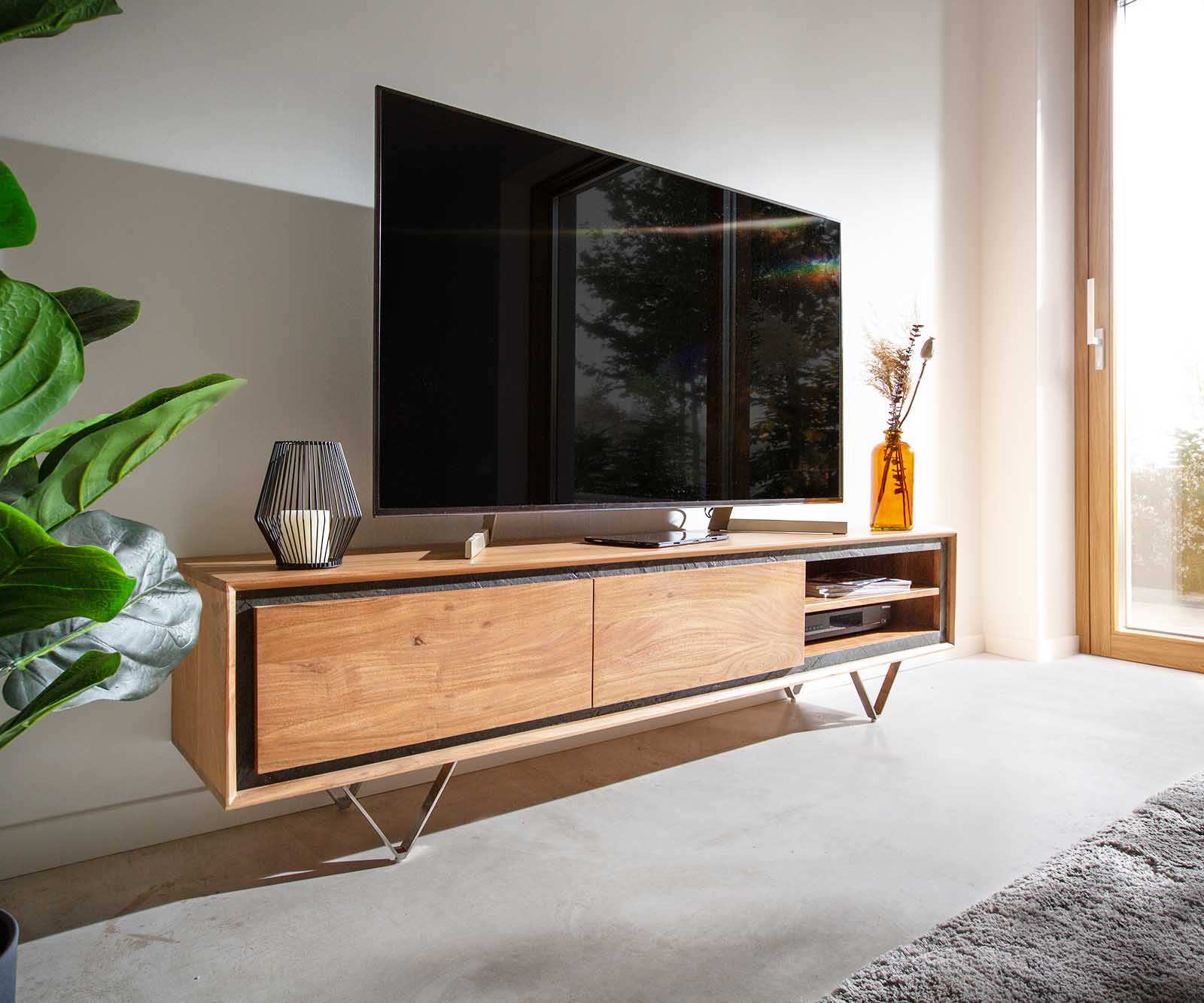 Tv-meubel Stonegrace 175 cm acacia natuur 2 deuren 2 vakken steenfineer V-poot