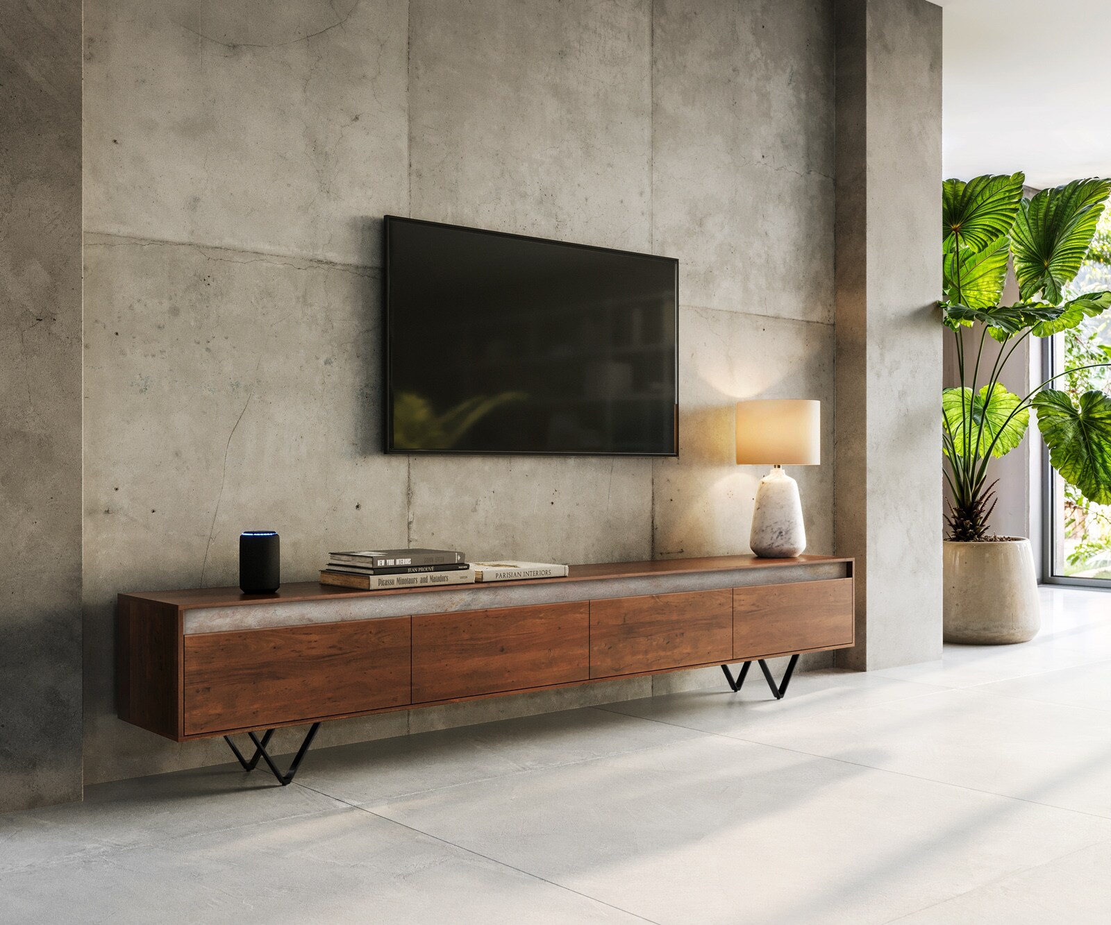 Tv-meubel Stonegrace 240 cm acacia bruin Leisteen 4 deuren V-poot zwart